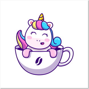 Cute Unicorn In Cup Coffee Posters and Art